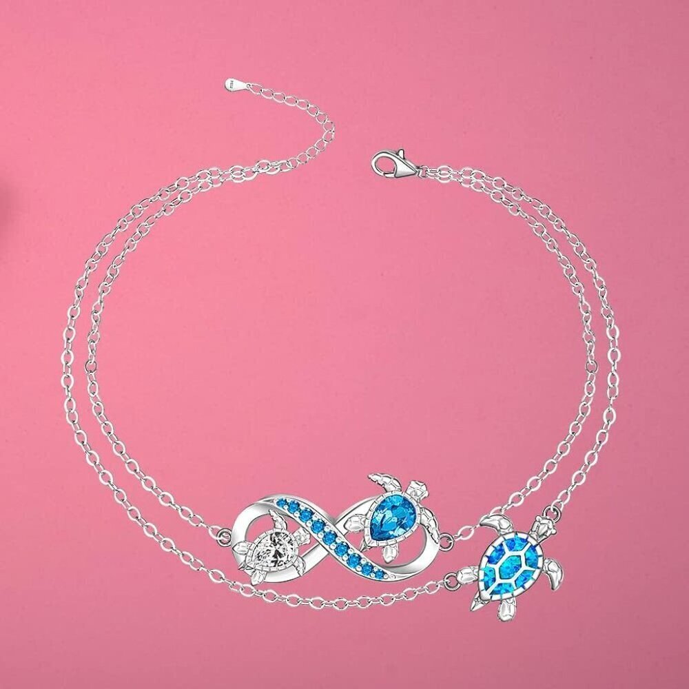 Sterling Silver Sea Turtle Anklet Blue Opal Beach Jewelry for Women - Picture 7 of 9